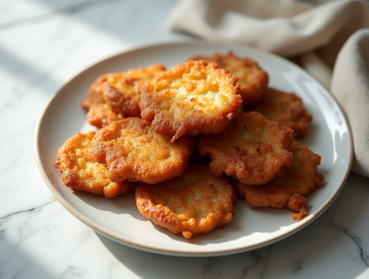 Golden crispy Amish onion fritters stacked on a white plate over a marble table in natural light