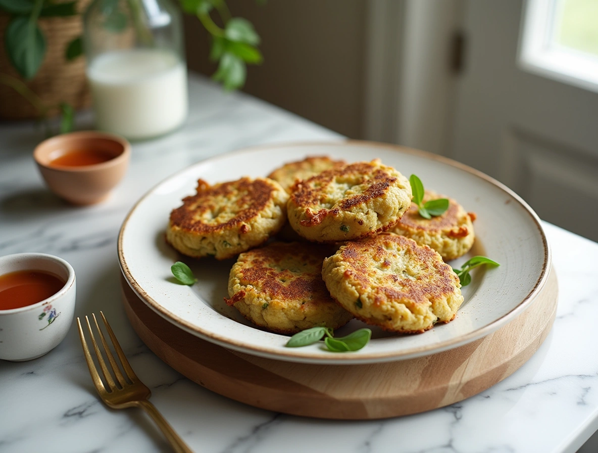 Golden savory artichoke cakes served on a marble table with dipping sauce and herbs