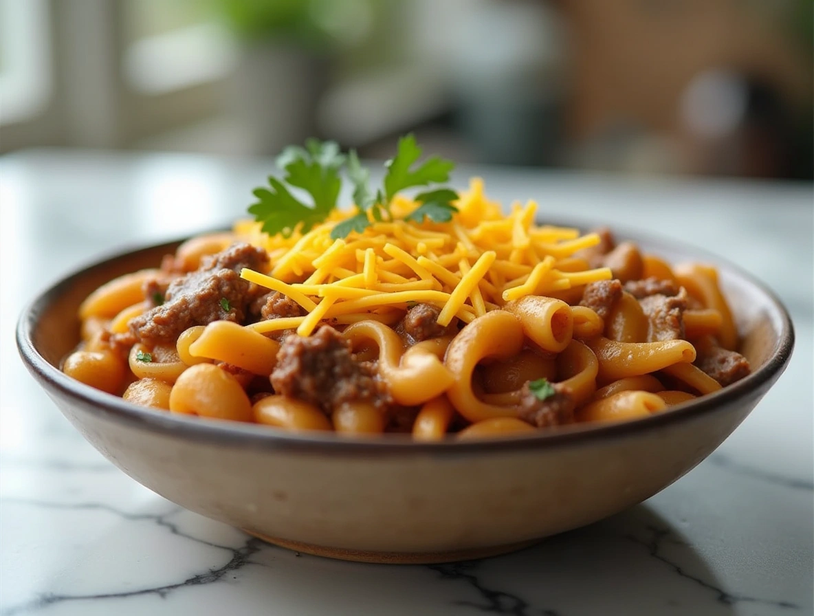 Creamy beef and cheddar pasta in a rustic ceramic bowl, topped with shredded cheese and parsley, placed on a marble countertop near a window