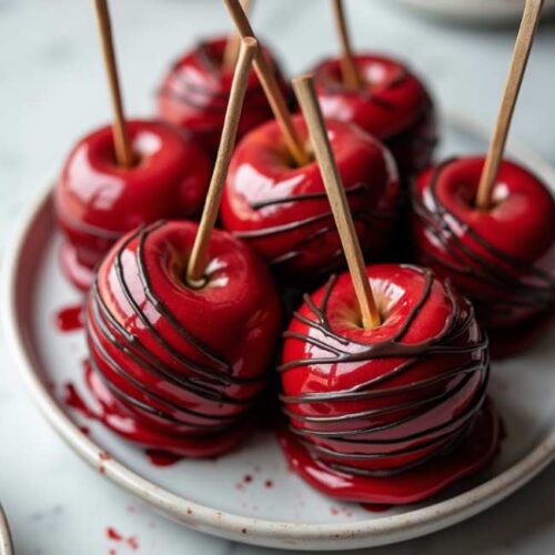 Glossy Striped Candy Apples coated in red candy and finished with chocolate drizzle, sitting on parchment.