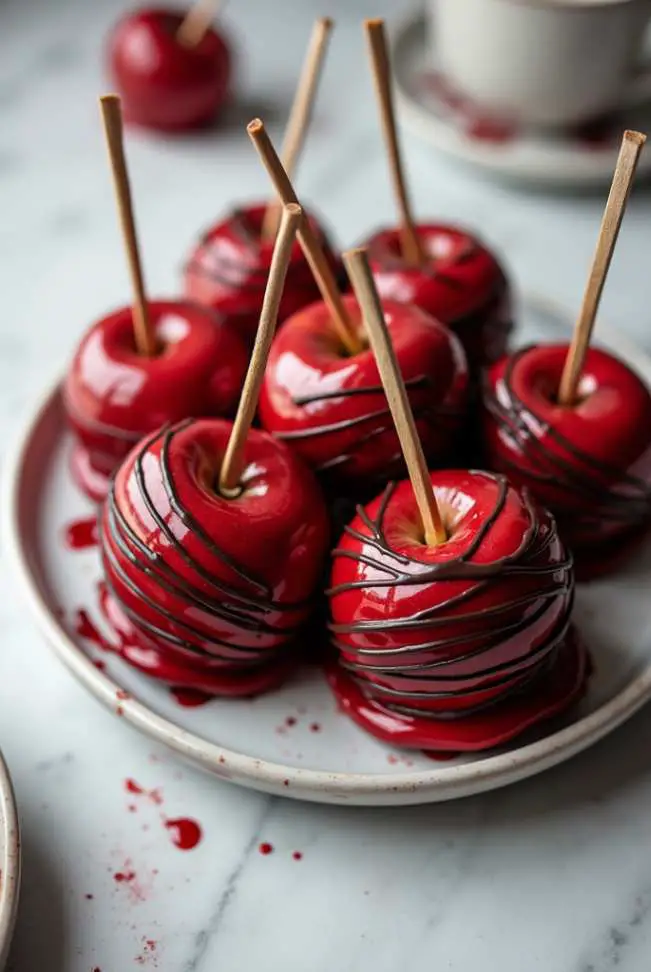 Glossy Striped Candy Apples coated in red candy and finished with chocolate drizzle, sitting on parchment.