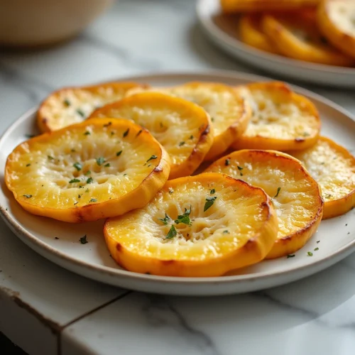 Golden baked squash rounds topped with melted Parmesan, served on parchment