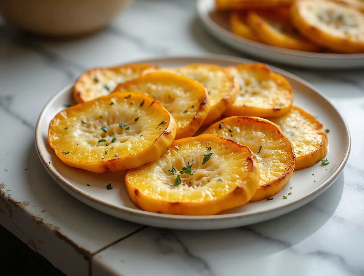 Golden baked squash rounds topped with melted Parmesan, served on parchment