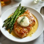 Honey mustard chicken breast topped with creamy sauce and served with roasted asparagus on a white plate