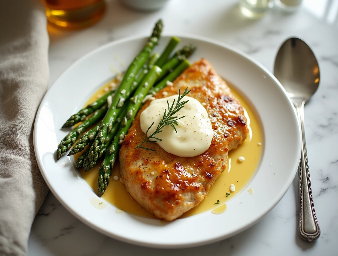 Honey mustard chicken breast topped with creamy sauce and served with roasted asparagus on a white plate
