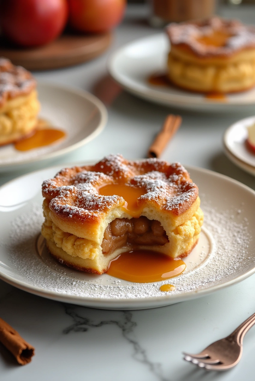 Close-up of golden brown Stuffed Cheesecake Fried Apple Pies drizzled with caramel and dusted with powdered sugar on a rustic wooden plate.