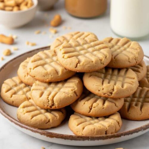 Overhead view of 3-ingredient vegan peanut butter cookies on a marble table