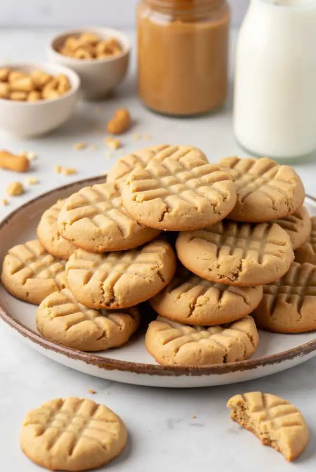 Overhead view of 3-ingredient vegan peanut butter cookies on a marble table