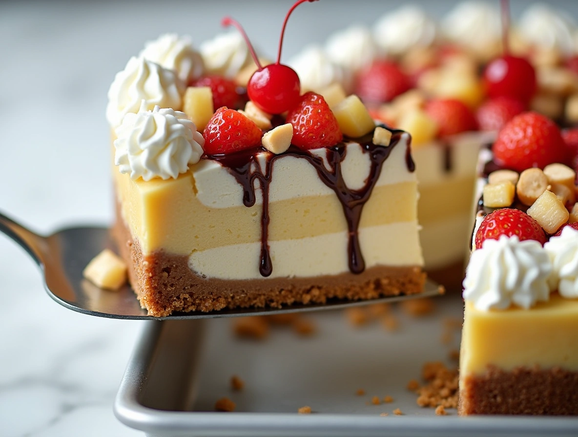 Slice of no-bake banana split cheesecake topped with cherries, chocolate syrup, and whipped cream
