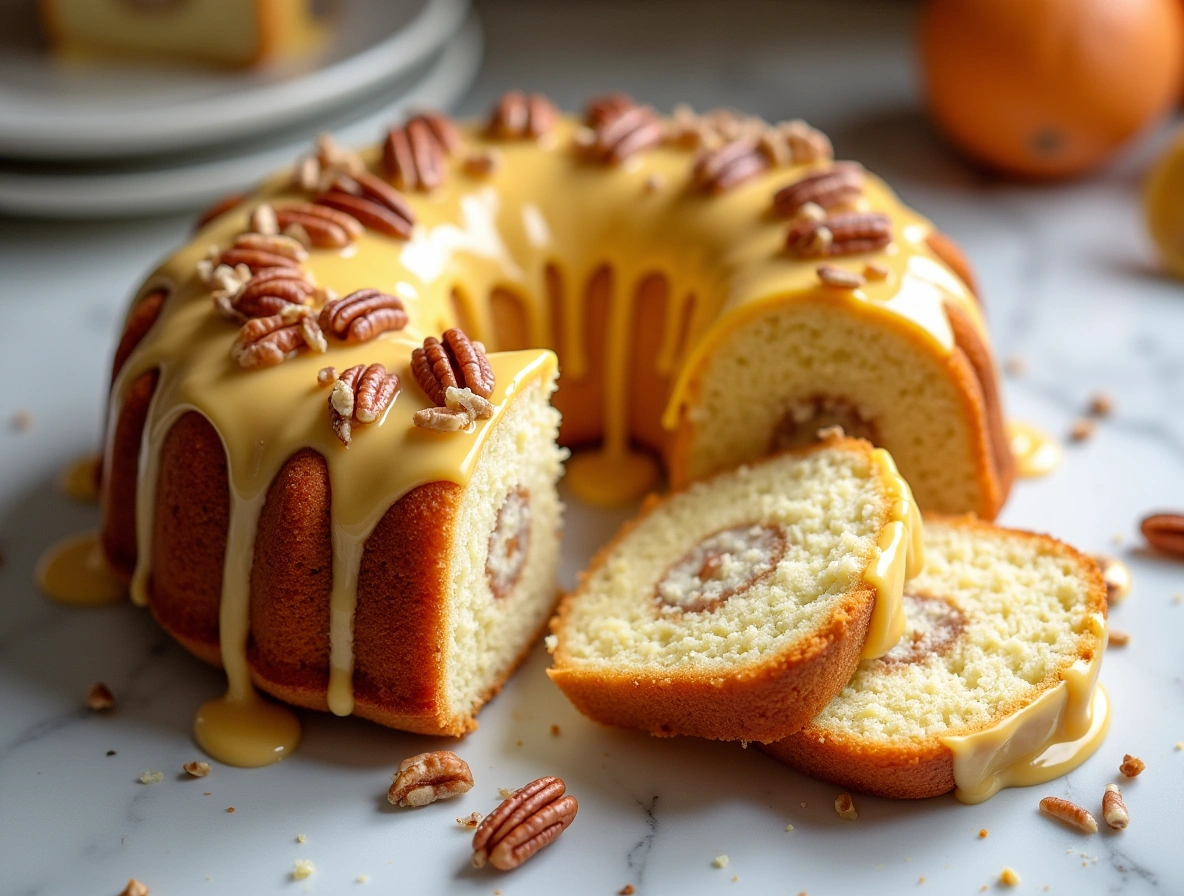 Slice of Pineapple Pecan Cream Cheese Pound Cake topped with pineapple glaze and chopped pecans on a white plate