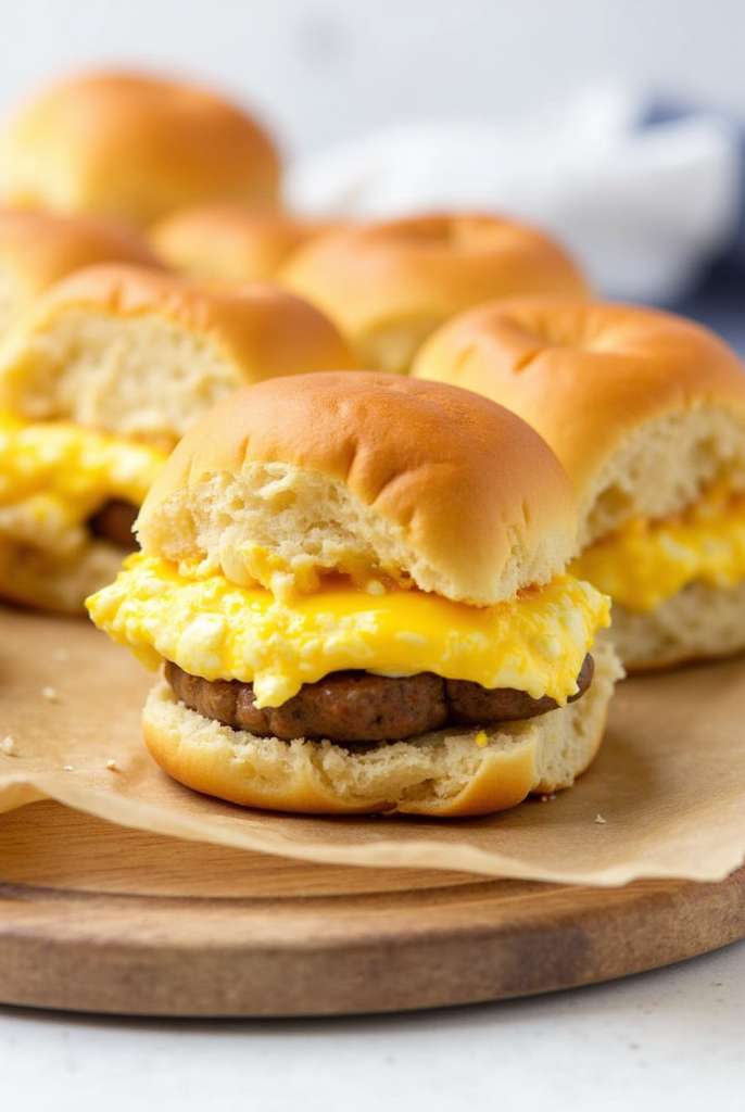 Step-by-step preparation of breakfast sliders with sausage, eggs, and cheese on a marble countertop