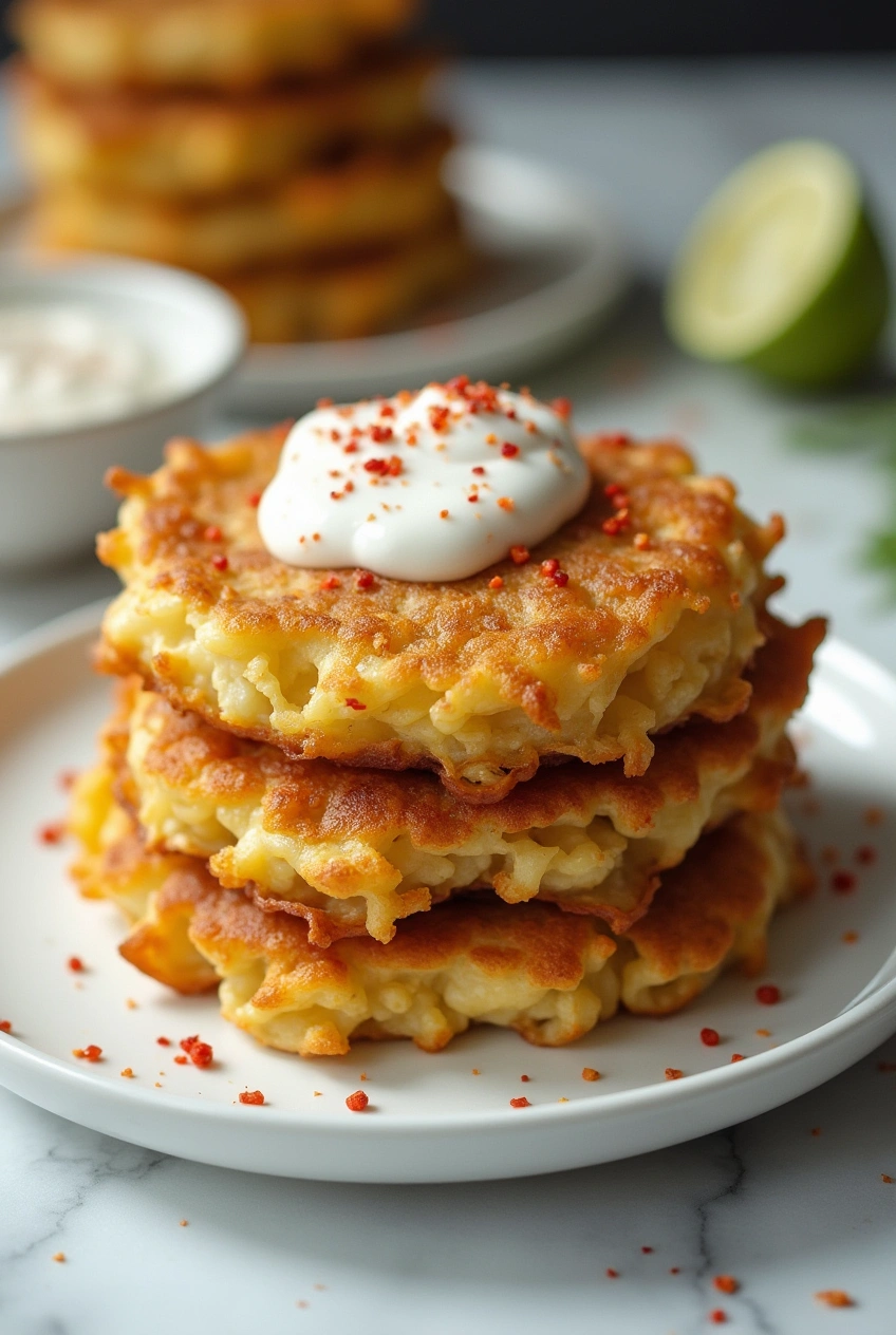 Golden cabbage fritters with creamy yogurt sauce on a rustic plate