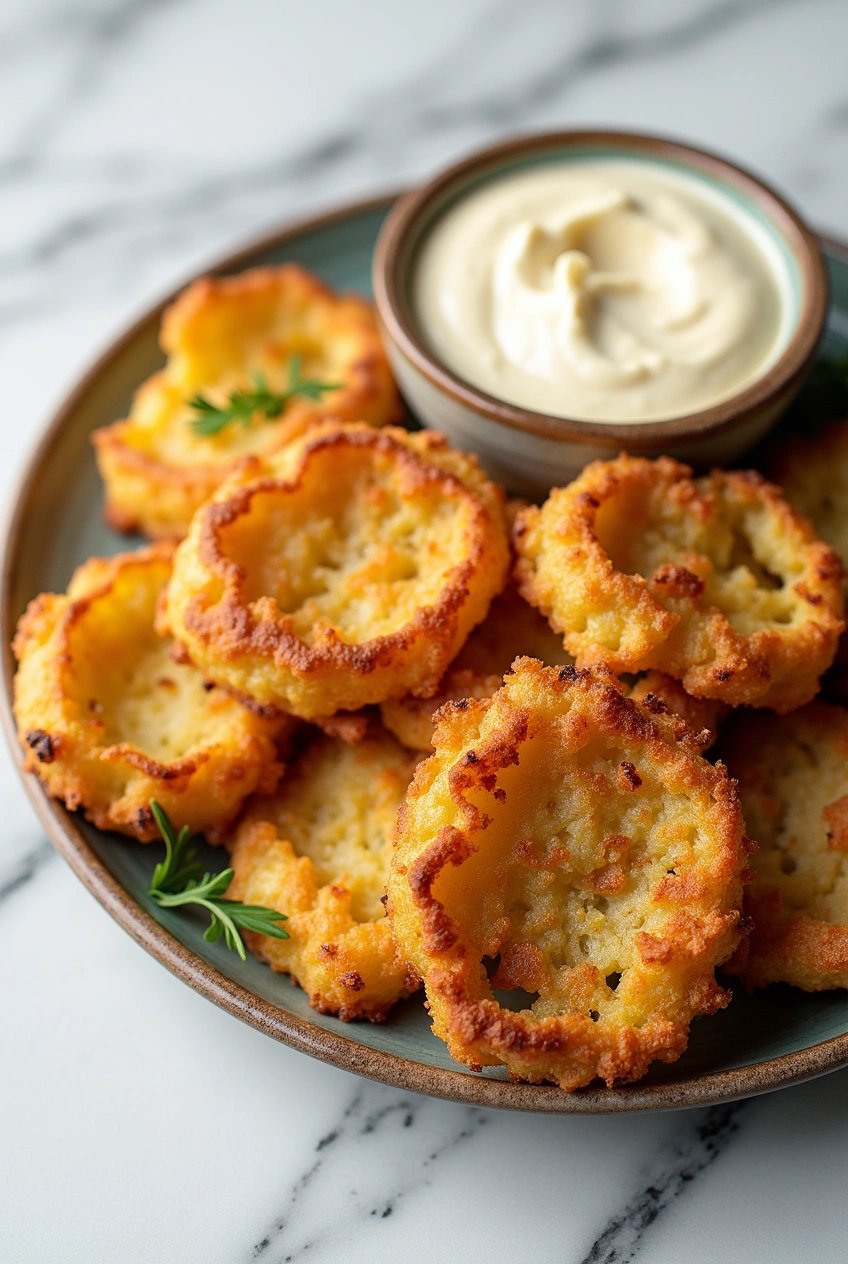 Crispy Parmesan cabbage fritters with creamy roasted garlic dip