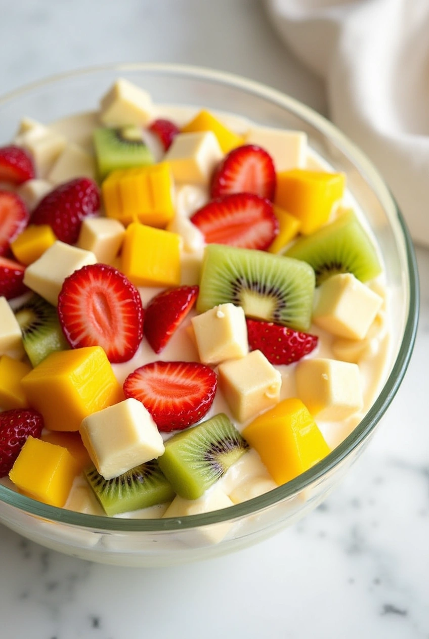 Close-up of Hawaiian Cheesecake Salad in a glass bowl with fresh tropical fruits