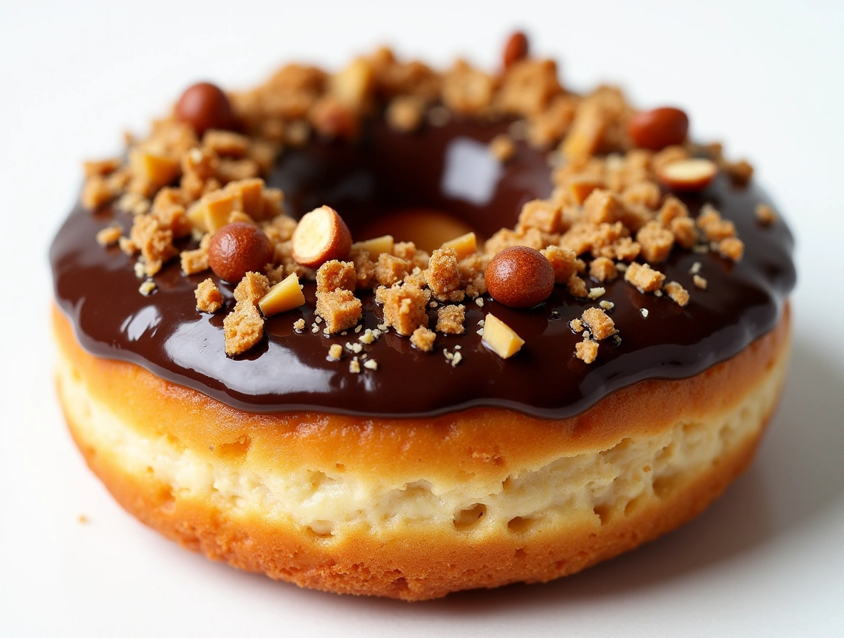 Close-up of a whole peanut butter cheesecake donut with chocolate glaze and chopped peanuts on top