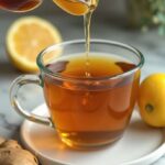 Close-up of Natural Mounjaro Tea in a clear glass mug with lemon and ginger beside it