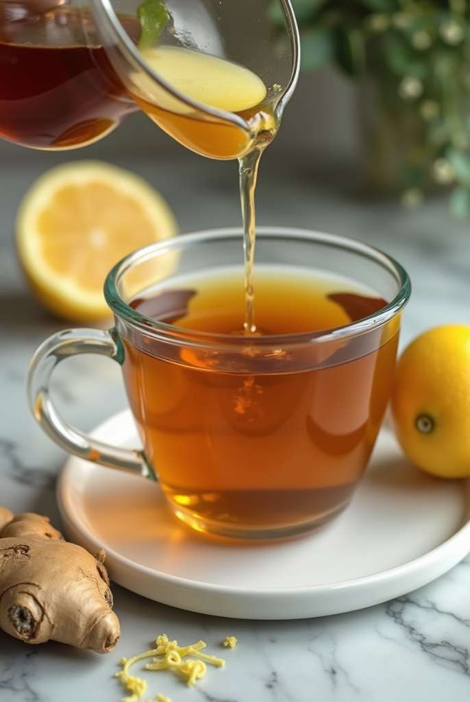 Close-up of Natural Mounjaro Tea in a clear glass mug with lemon and ginger beside it