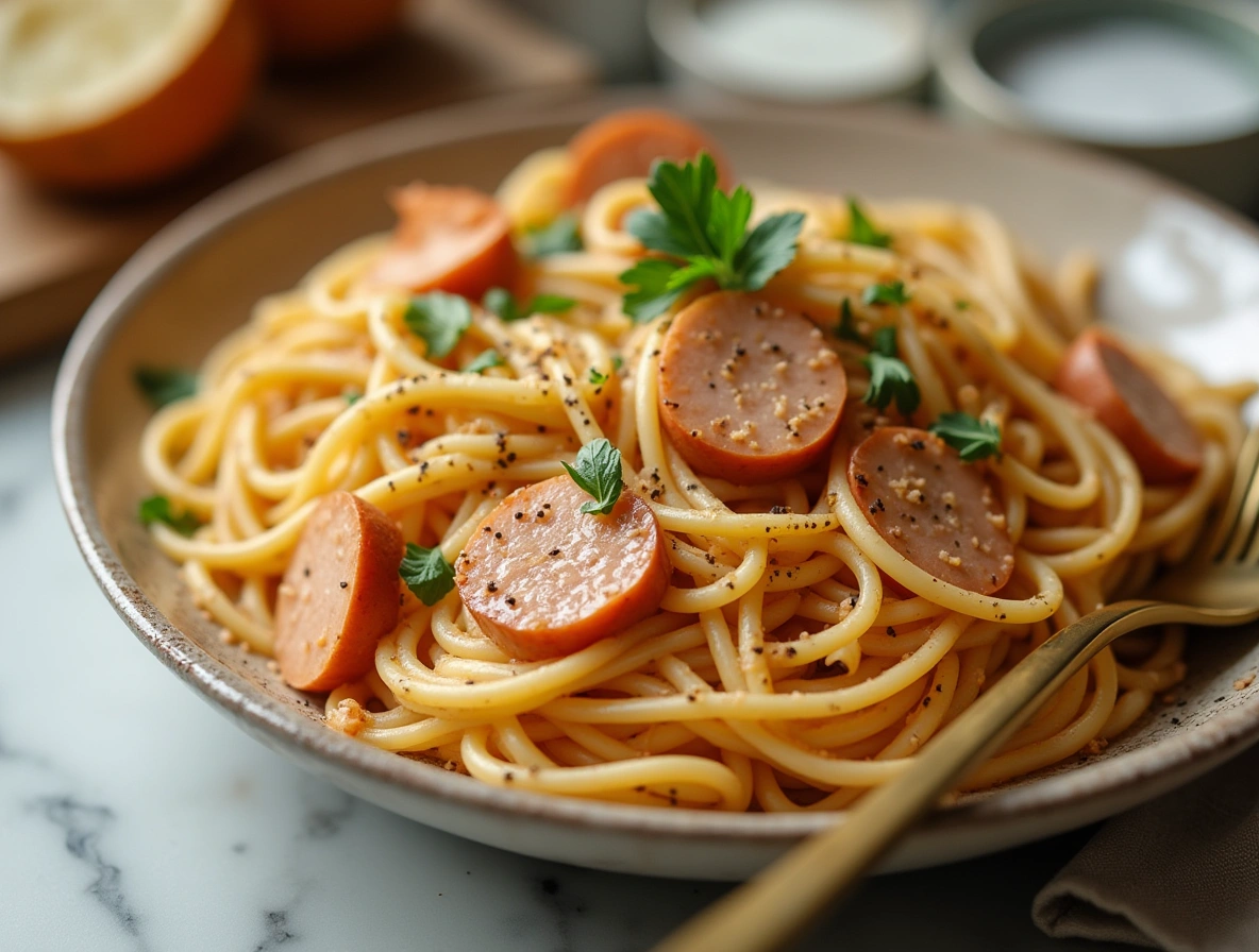 Spaghetti with creamy pepper sauce, chicken chorizo slices, and shrimp, topped with parsley and cracked black pepper
