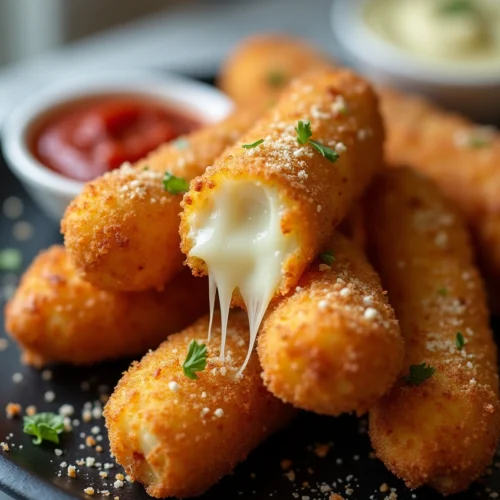 Golden brown crispy mozzarella sticks stacked on a rustic plate, with creamy herb dip and marinara sauce in small bowls on the side