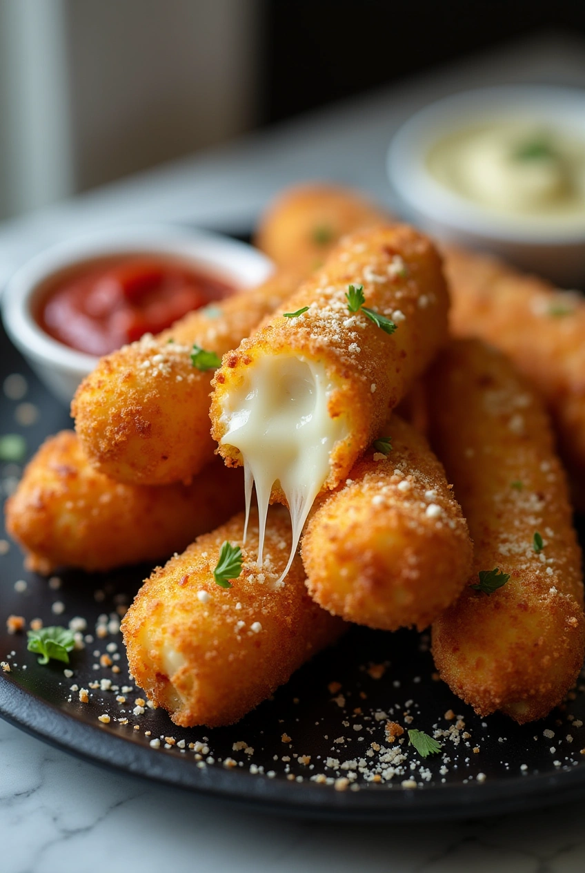 Golden brown crispy mozzarella sticks stacked on a rustic plate, with creamy herb dip and marinara sauce in small bowls on the side