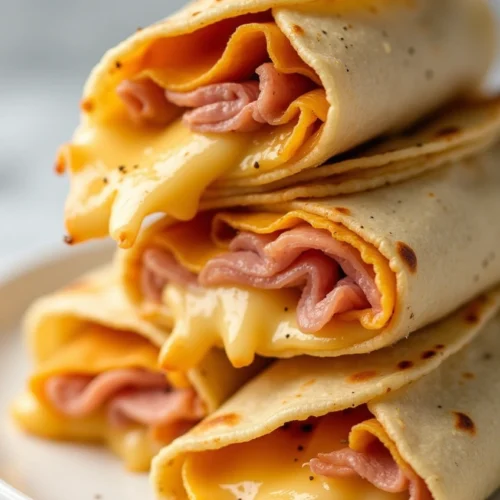 Sliced air fryer chicken ham and cheese wraps stacked on a plate with melted cheese oozing out