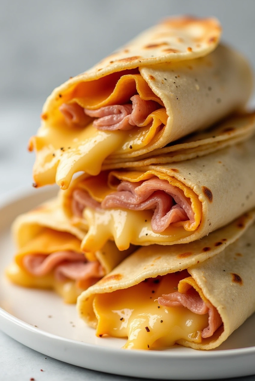 Sliced air fryer chicken ham and cheese wraps stacked on a plate with melted cheese oozing out