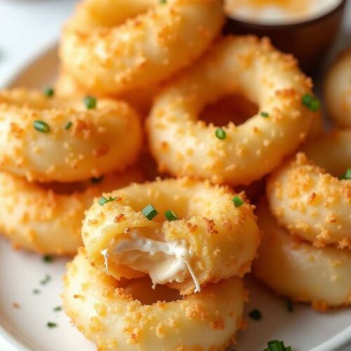 Close-up of golden stuffed don’t-fry onion rings filled with melted cheese on a white marble table