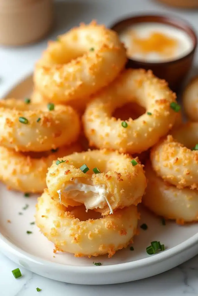Close-up of golden stuffed don’t-fry onion rings filled with melted cheese on a white marble table