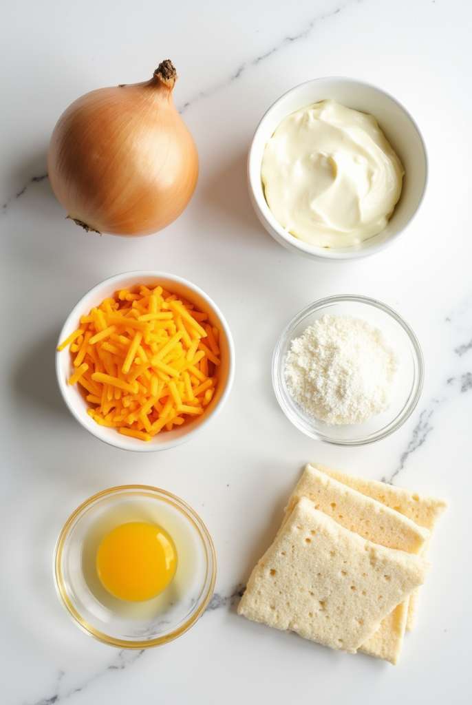 Close-up of golden stuffed don’t-fry onion rings filled with melted cheese on a white marble table