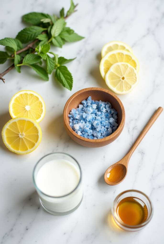 Blue Salt Trick drink in a clear glass with Persian salt crystals, fresh lemon slices, and mint on a neutral background