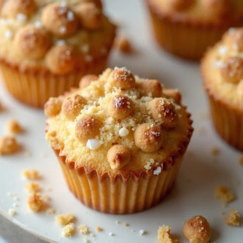 Freshly baked cobbler muffins with peaches and crumble topping, drizzled with sugar glaze on a cooling rack