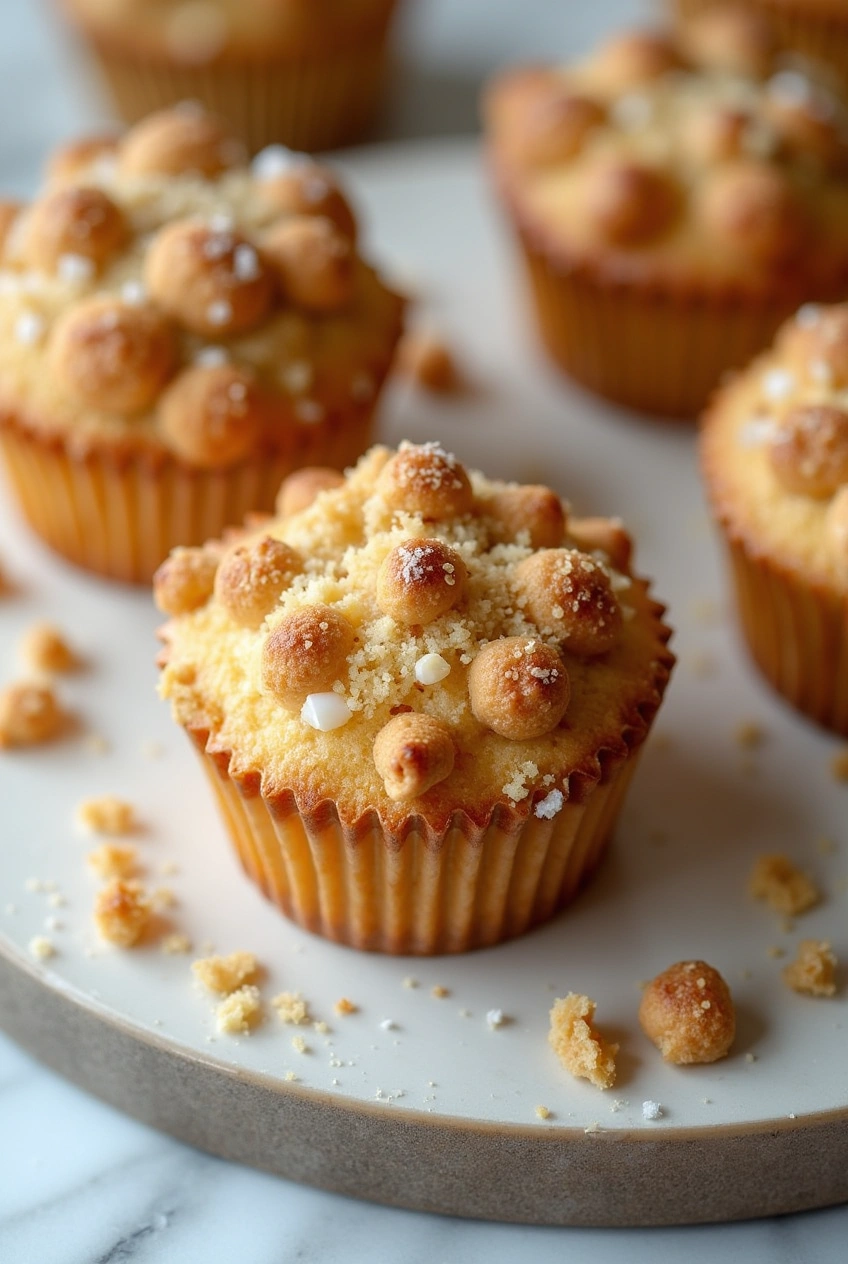 Freshly baked cobbler muffins with peaches and crumble topping, drizzled with sugar glaze on a cooling rack