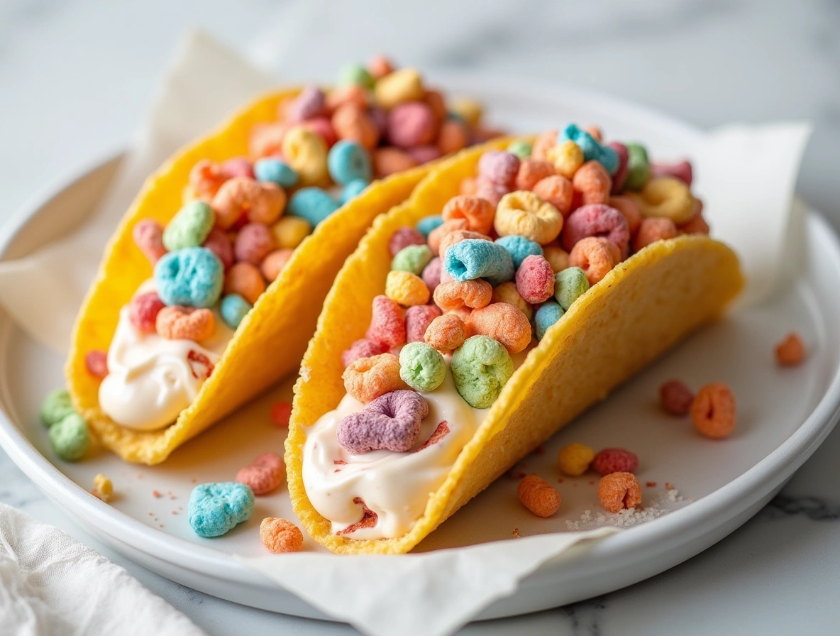 Fruity Pebbles Cheesecake Tacos lined up on a white marble surface with colorful cereal topping and creamy cheesecake filling