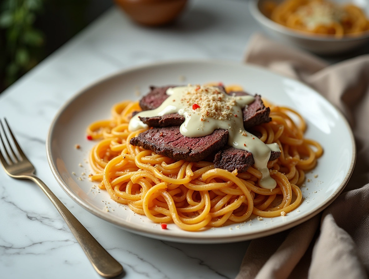 Garlic butter steak lightning noodles topped with creamy béchamel sauce on a white ceramic plate over a marble table