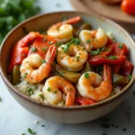 Garlic herb shrimp served over fluffy rice with sautéed bell peppers and parsley in a ceramic bowl