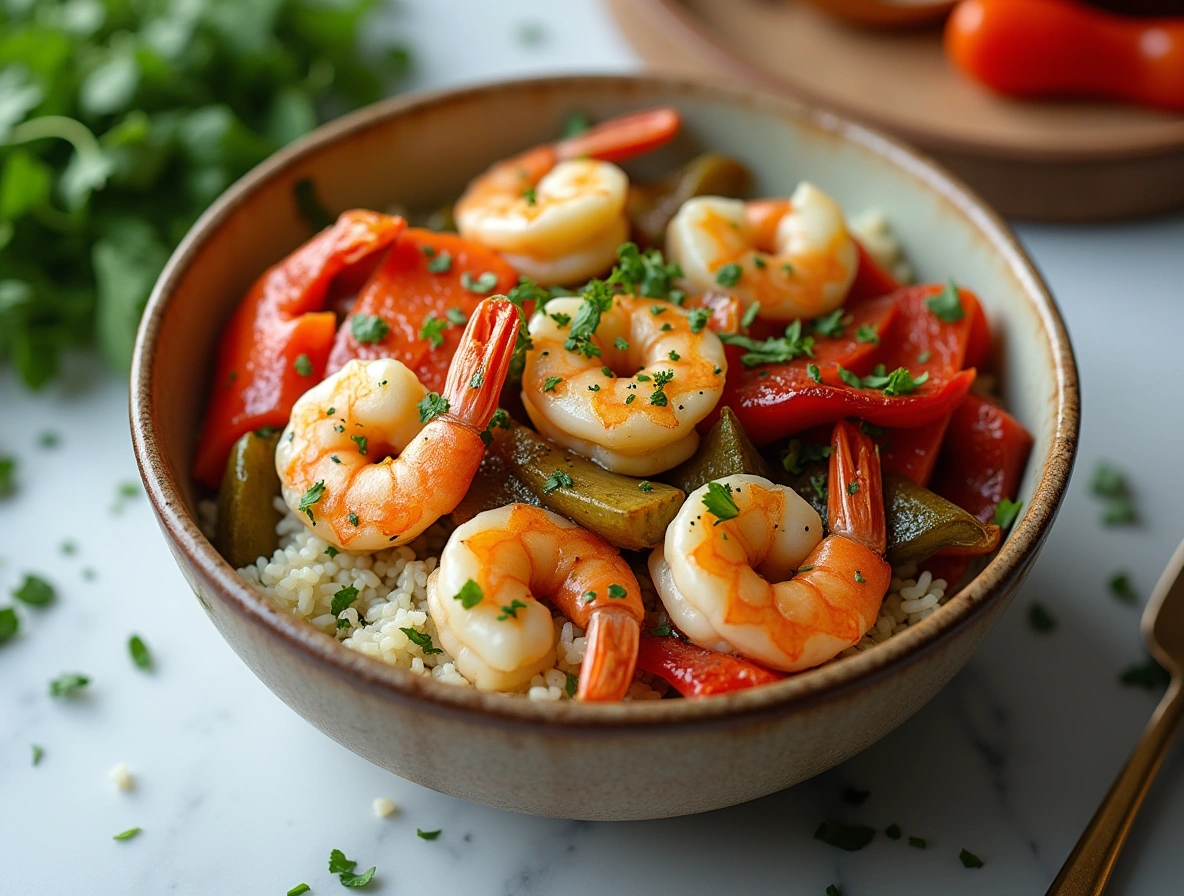 Garlic herb shrimp served over fluffy rice with sautéed bell peppers and parsley in a ceramic bowl