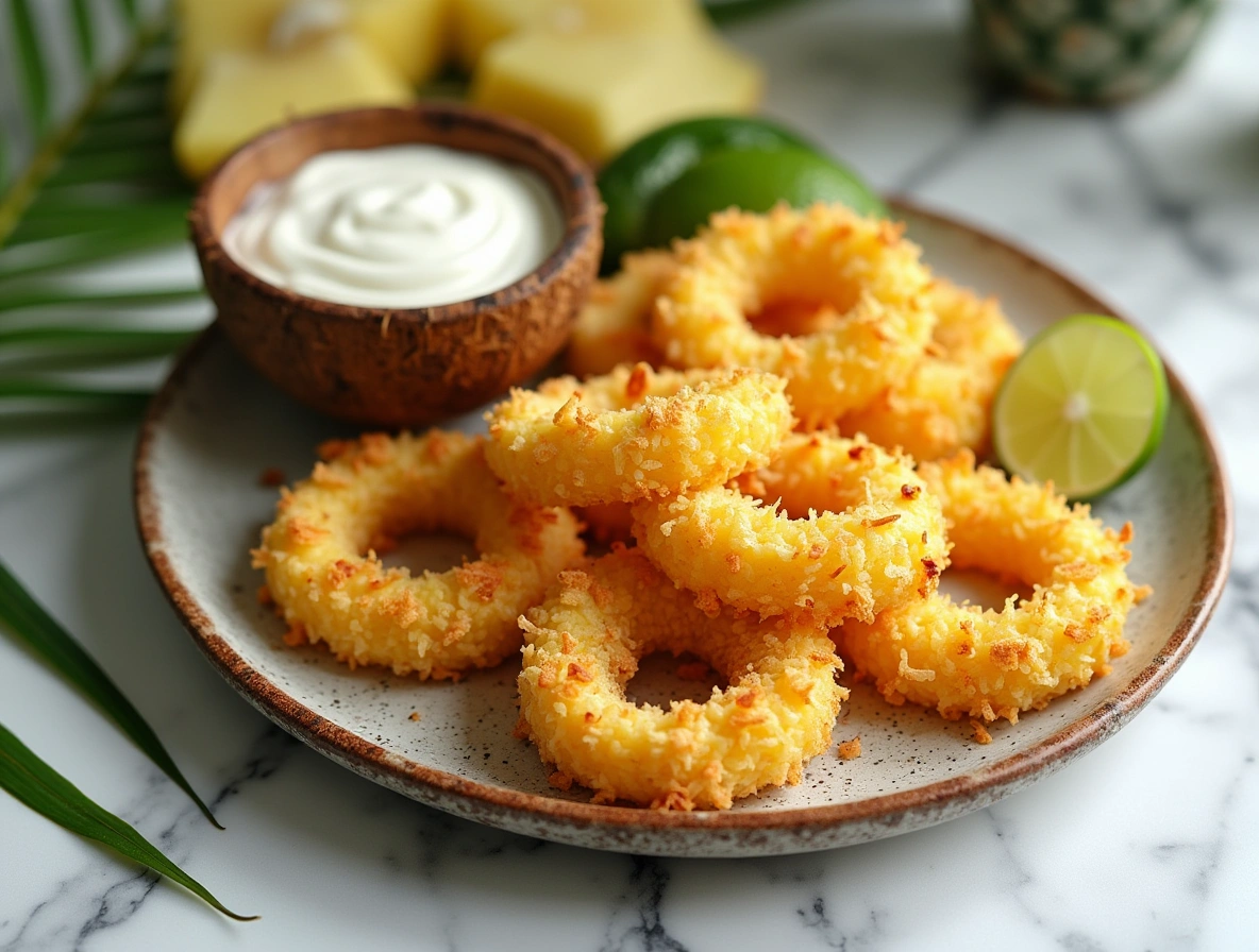 Golden fried piña colada rings coated in crispy coconut with creamy dip, served on a white plate on a marble table in tropical summer light