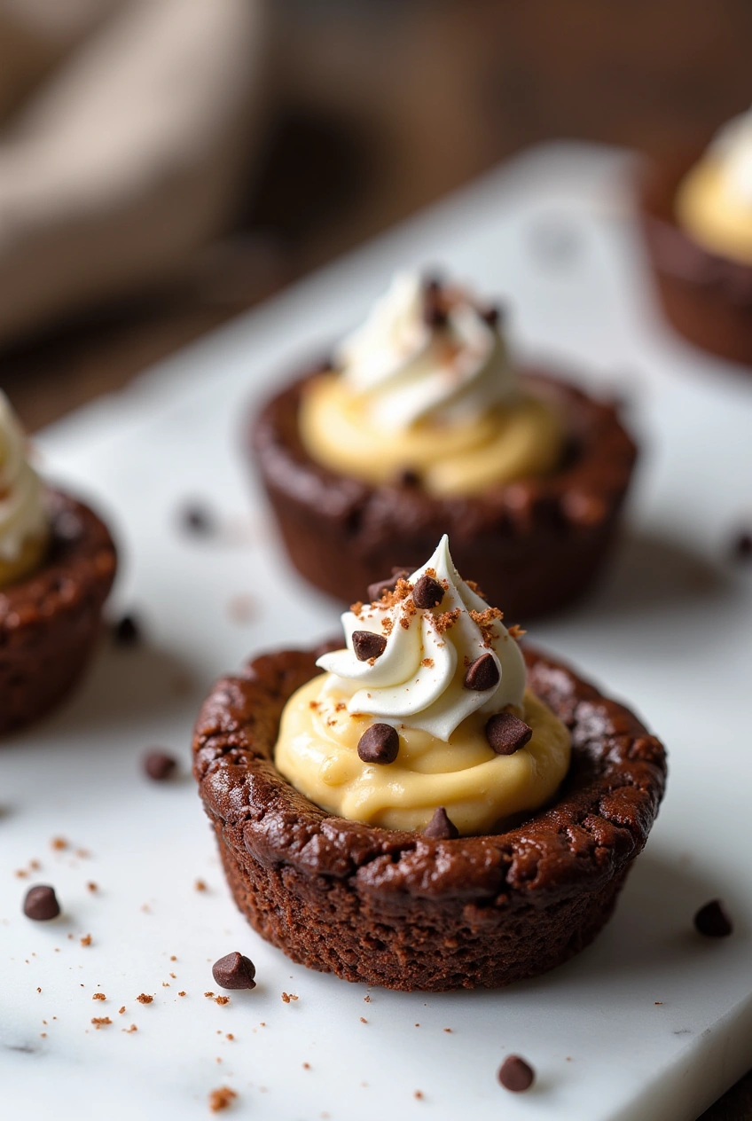 Loaded Brownie Cheesecake Cups with whipped cream and chocolate chips on top