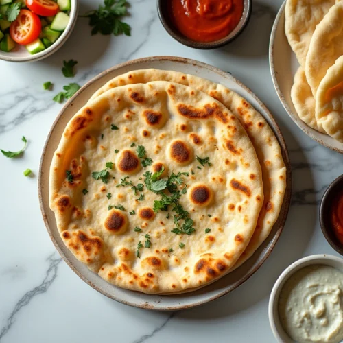 Homemade naan flatbread served with pita bread and flour tortillas on a rustic wooden board