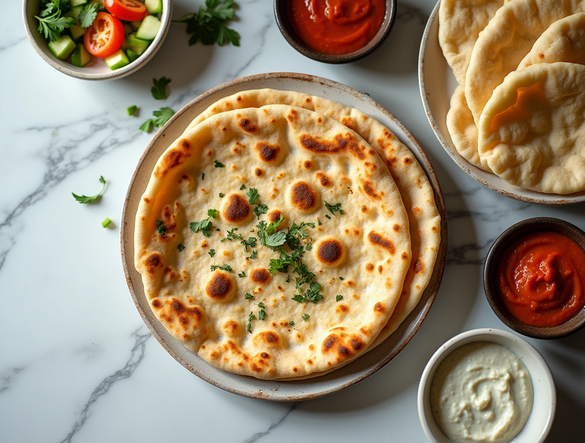 Homemade naan flatbread served with pita bread and flour tortillas on a rustic wooden board