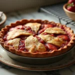 Freshly baked strawberry rhubarb pie with golden crust on a marble table