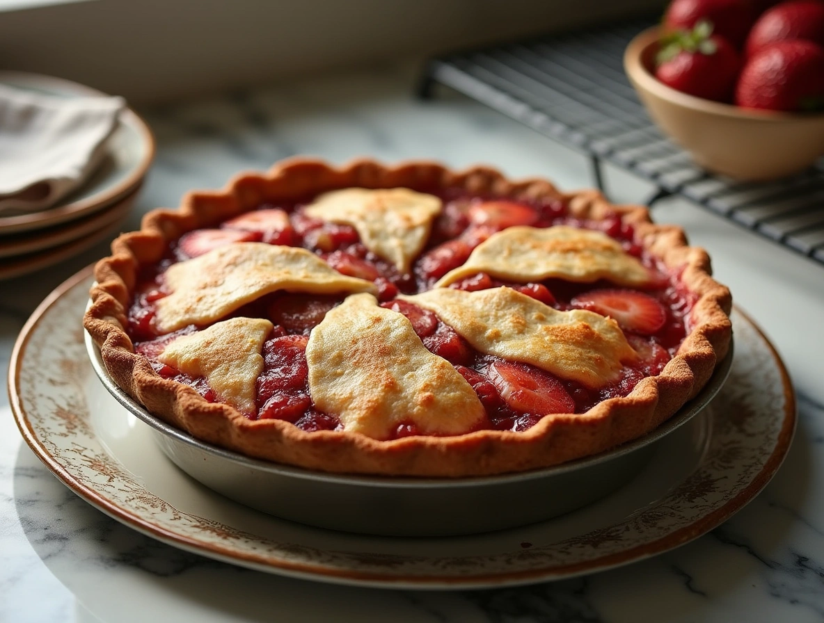 Freshly baked strawberry rhubarb pie with golden crust on a marble table
