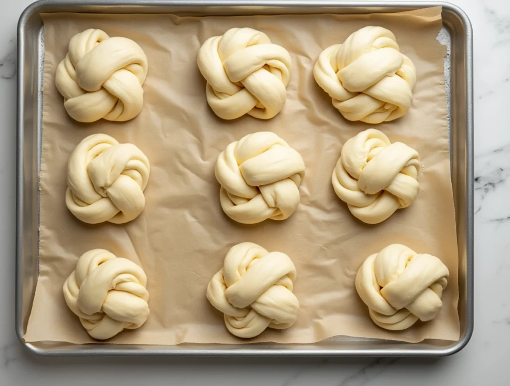Freshly baked vanilla knots with golden crust and pearl sugar on top