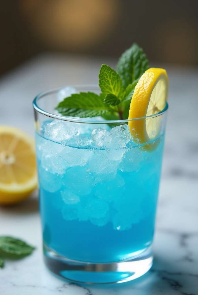 Blue Salt Trick drink in a clear glass with Persian salt crystals, fresh lemon slices, and mint on a neutral background