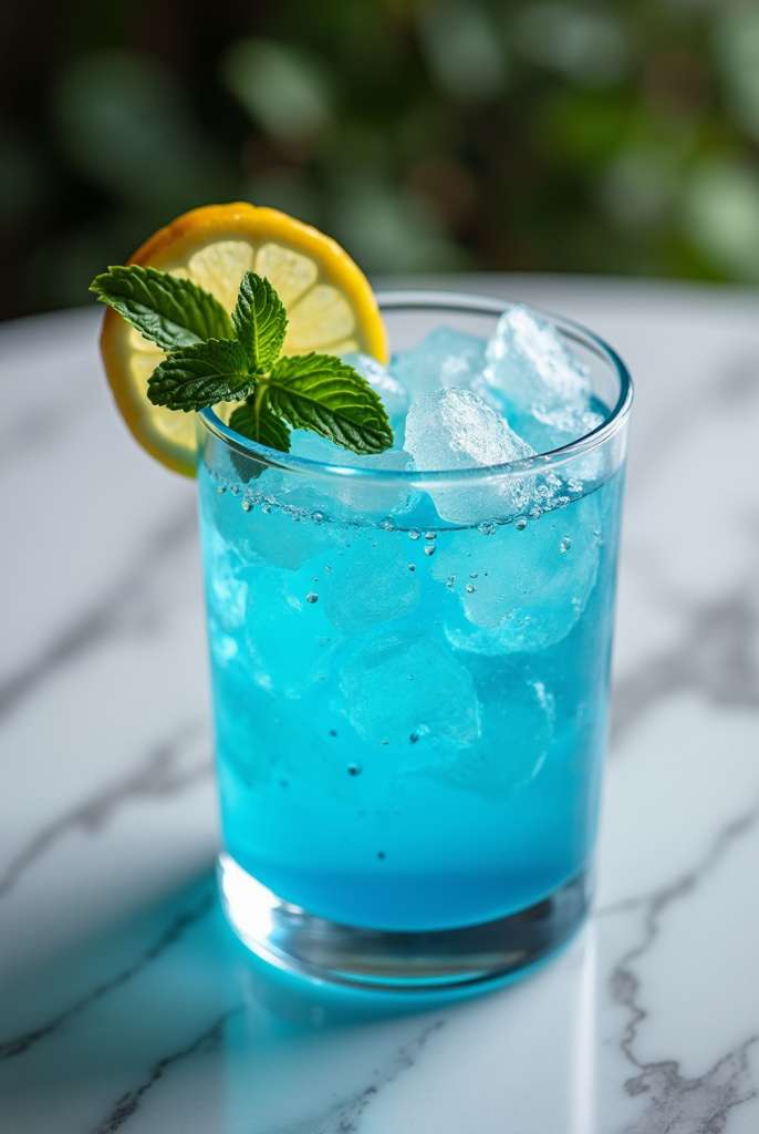 Blue Salt Trick drink in a clear glass with Persian salt crystals, fresh lemon slices, and mint on a neutral background