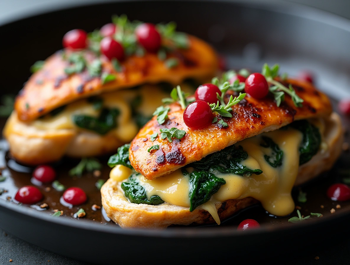 Stuffed chicken breasts with brie, spinach, and cranberries on a rustic plate with honey balsamic glaze