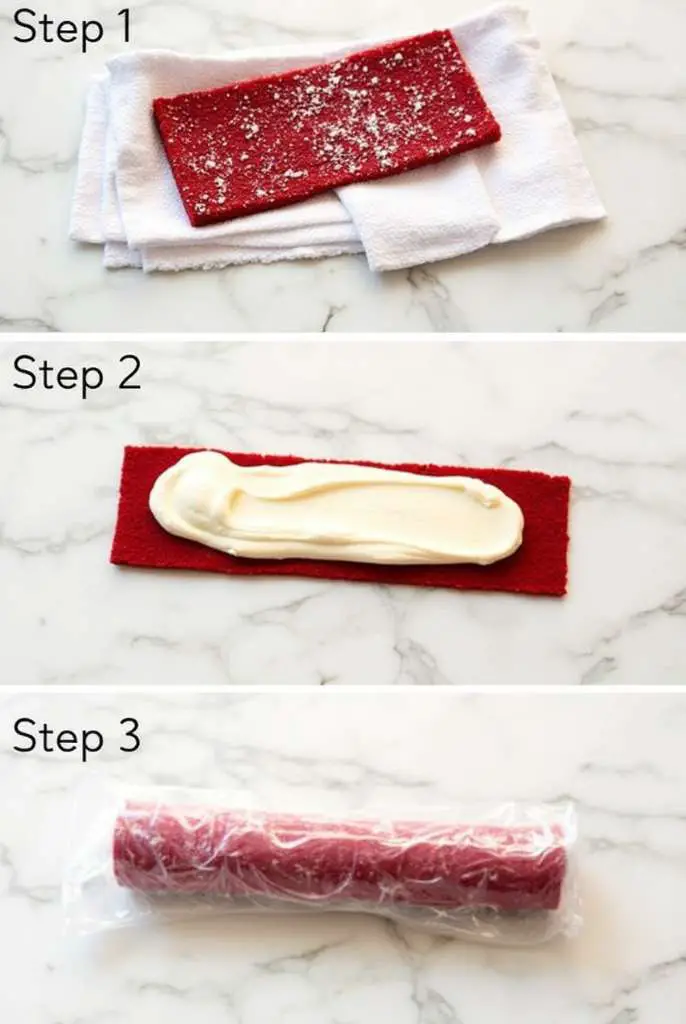 Close-up of a sliced red velvet cheesecake sushi roll with creamy filling, drizzled with raspberry sauce and sprinkled with chopped pecans