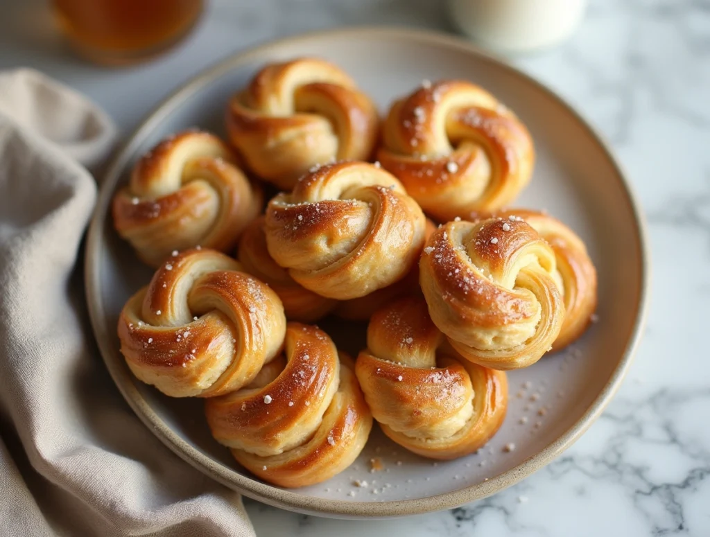 Freshly baked vanilla knots with golden crust and pearl sugar on top