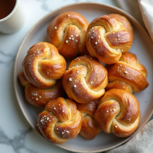 Freshly baked vanilla knots with golden crust and pearl sugar on top