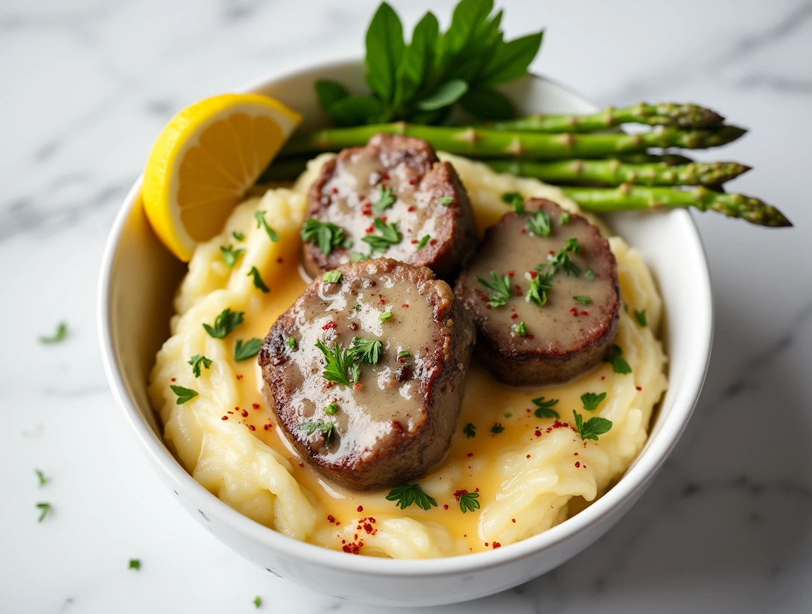 Garlic butter steak bites with parmesan cream sauce served over mashed potatoes on a marble table